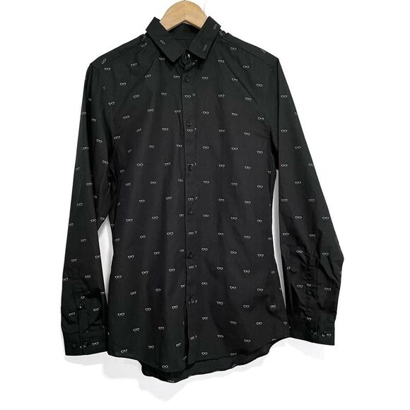 H&M Mens Glasses Print Slim Fit Casual Button Down Shirt Small - Picture 3 of 7